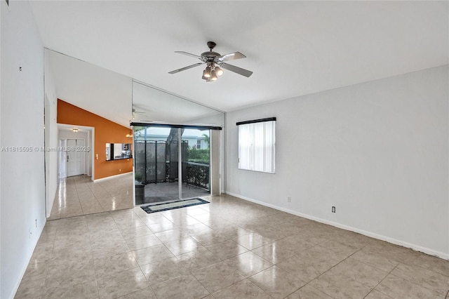 9601 NW 8th Cir, Plantation, FL 33324 - empty room featuring vaulted ceiling, a ceiling fan, baseboards, and light tile patterned flooring