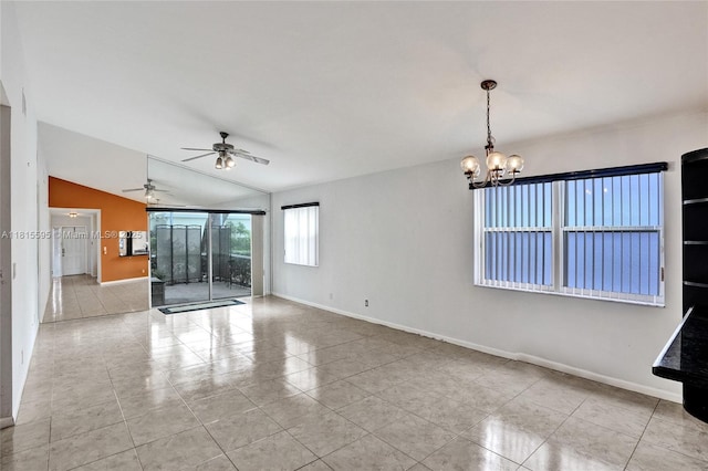 9601 NW 8th Cir, Plantation, FL 33324 - spare room with tile patterned floors, baseboards, vaulted ceiling, a chandelier, and a ceiling fan