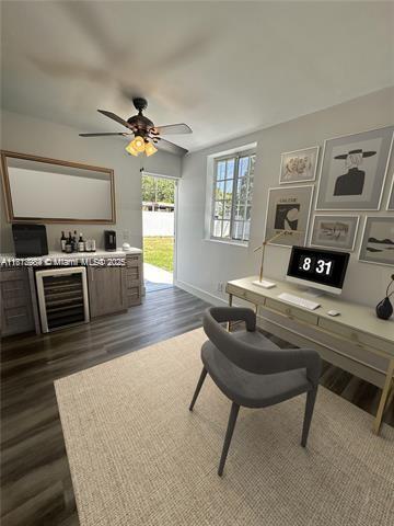 280 NE 169th St, North Miami Beach, FL 33162 - office with beverage cooler, a dry bar, dark wood-style floors, and ceiling fan