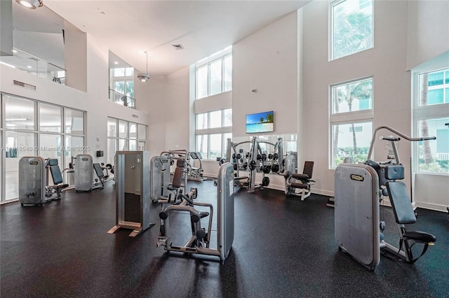 1900 N Bayshore Dr Unit 1411, Miami, FL 33132 - exercise room featuring healthy amount of natural light, a towering ceiling, and baseboards