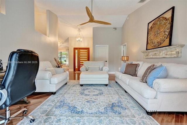 18366 Lake Bend Dr, Jupiter, FL 33458 - living room featuring wood finished floors and ceiling fan