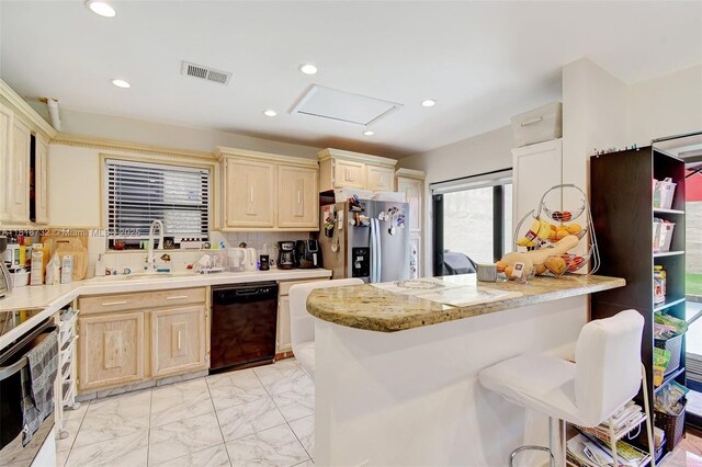 1057 NE 202nd Ln, Miami, FL 33179 - kitchen with black dishwasher, stainless steel fridge with ice dispenser, light marble finish floors, a breakfast bar, and recessed lighting