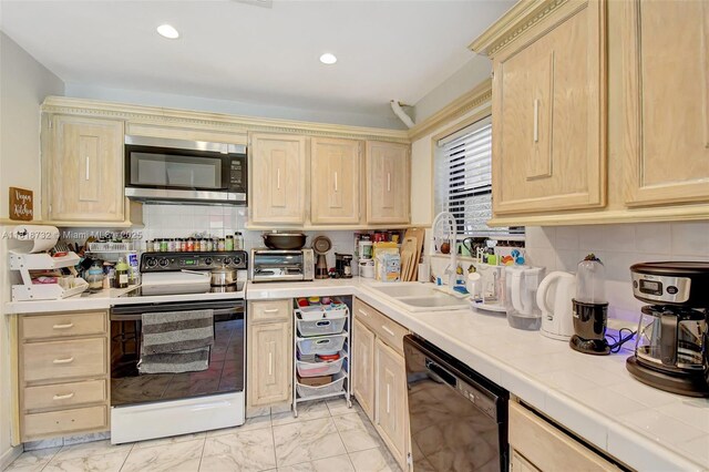 1057 NE 202nd Ln, Miami, FL 33179 - kitchen featuring white electric range oven, light brown cabinets, stainless steel microwave, black dishwasher, and recessed lighting