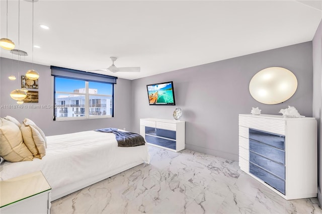 3015 N Ocean Blvd Unit 17A, Fort Lauderdale, FL 33308 - bedroom featuring a glass covered fireplace, marble finish flooring, a ceiling fan, and recessed lighting