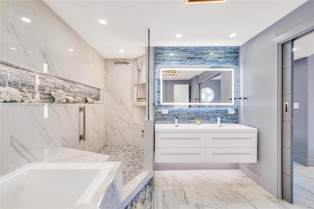 3015 N Ocean Blvd Unit 17A, Fort Lauderdale, FL 33308 - full bath with double vanity, a marble finish shower, marble finish flooring, a bath, and recessed lighting