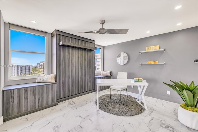 3015 N Ocean Blvd Unit 17A, Fort Lauderdale, FL 33308 - home office featuring marble look tiles, a ceiling fan, and recessed lighting