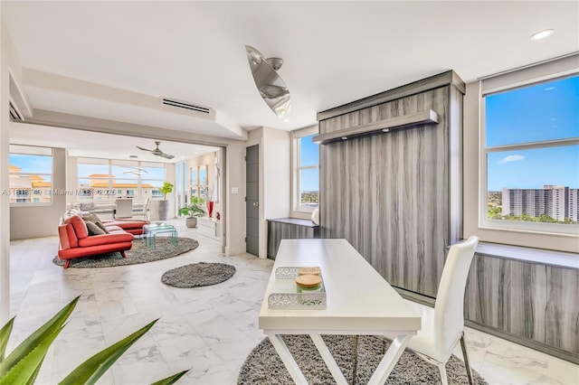 3015 N Ocean Blvd Unit 17A, Fort Lauderdale, FL 33308 - dining area featuring marble finish floors, a ceiling fan, and recessed lighting