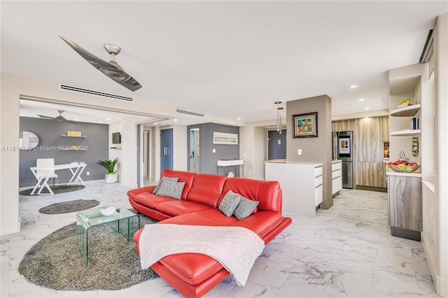 3015 N Ocean Blvd Unit 17A, Fort Lauderdale, FL 33308 - living room with light marble finish flooring, recessed lighting, and ceiling fan