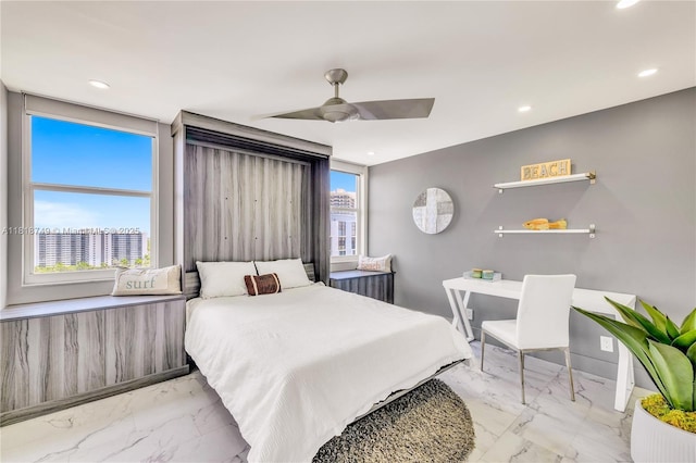 3015 N Ocean Blvd Unit 17A, Fort Lauderdale, FL 33308 - bedroom featuring marble tiled floors, recessed lighting, and ceiling fan