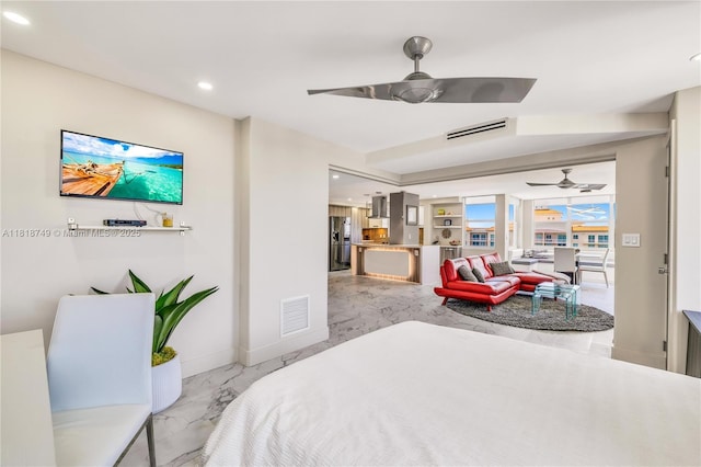 3015 N Ocean Blvd Unit 17A, Fort Lauderdale, FL 33308 - bedroom with marble tiled flooring, refrigerator with ice dispenser, recessed lighting, and ceiling fan