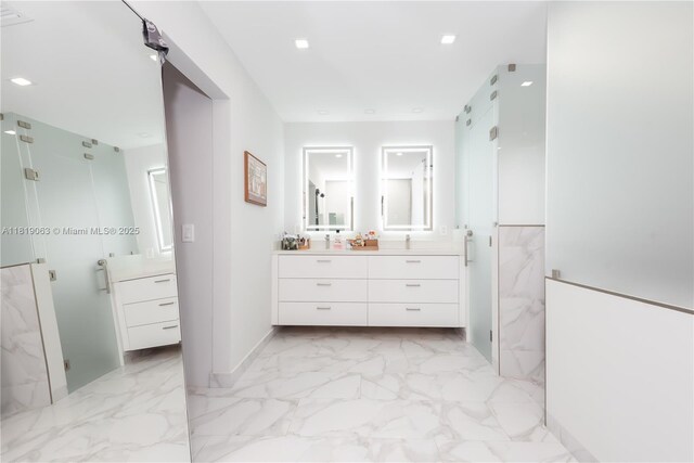 1828 Aspen Ln, Weston, FL 33327 - full bathroom with a marble finish shower, marble finish floors, vanity, and recessed lighting