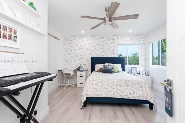 1828 Aspen Ln, Weston, FL 33327 - bedroom with wood finished floors, recessed lighting, a ceiling fan, and wallpapered walls