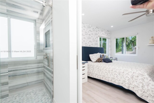 1828 Aspen Ln, Weston, FL 33327 - bedroom featuring wallpapered walls, wood finished floors, recessed lighting, and a ceiling fan