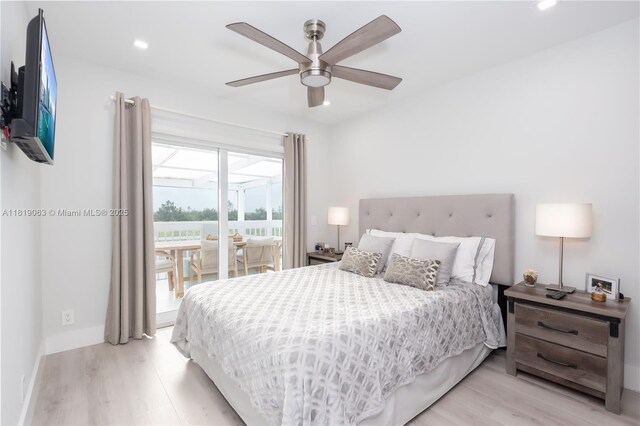 1828 Aspen Ln, Weston, FL 33327 - bedroom featuring access to exterior, light wood finished floors, recessed lighting, and a ceiling fan