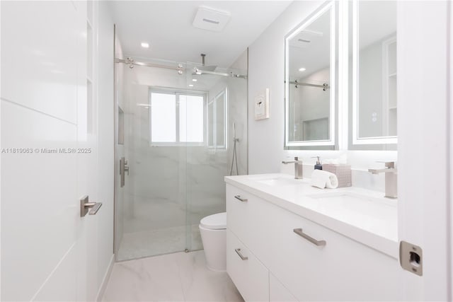 1828 Aspen Ln, Weston, FL 33327 - bathroom featuring a marble finish shower, double vanity, and marble finish flooring
