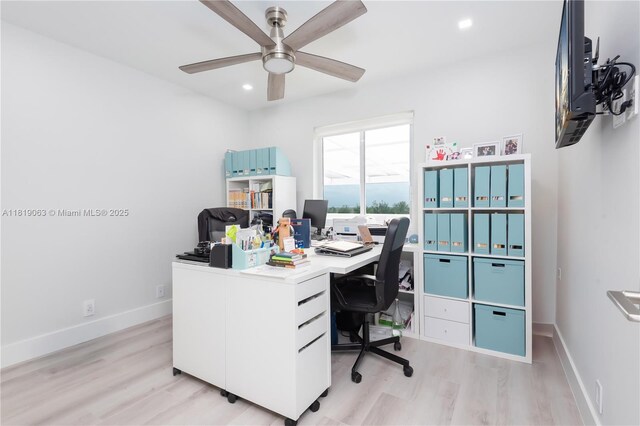 1828 Aspen Ln, Weston, FL 33327 - office area featuring light wood-type flooring, ceiling fan, and recessed lighting