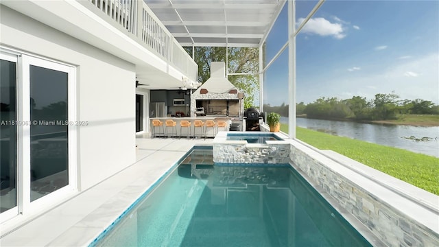 1828 Aspen Ln, Weston, FL 33327 - outdoor pool featuring a water view, exterior bar, an in-ground hot tub, a patio, and area for grilling