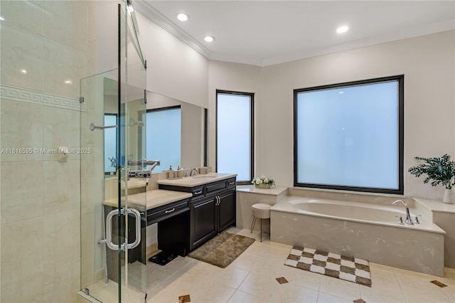 5478 SW 189th Ave, Miramar, FL 33029 - full bathroom with a bath, a stall shower, vanity, crown molding, and tile patterned floors