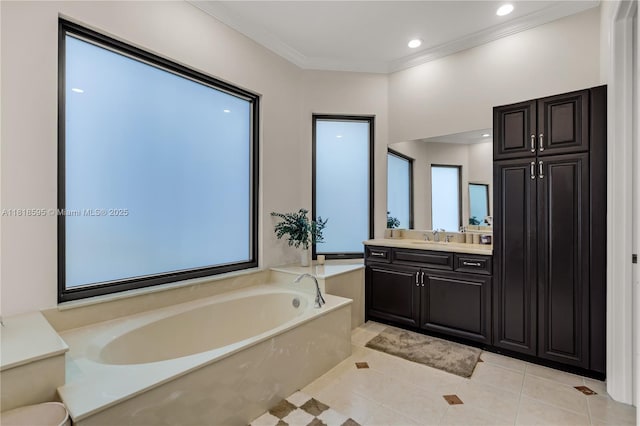 5478 SW 189th Ave, Miramar, FL 33029 - full bathroom featuring vanity, a bath, crown molding, tile patterned floors, and recessed lighting