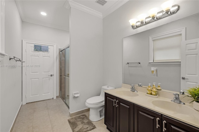 5478 SW 189th Ave, Miramar, FL 33029 - full bath with double vanity, an enclosed shower, crown molding, and tile patterned floors