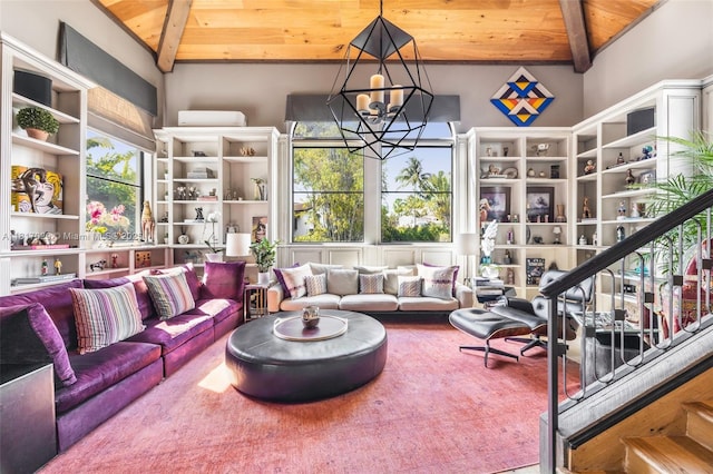 living room with wood ceiling and a chandelier