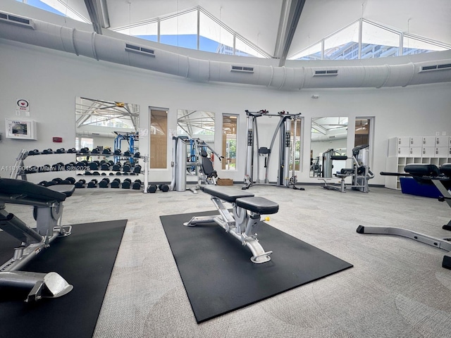600 Three Islands Blvd Unit 620, Hallandale Beach, FL 33009 - exercise room featuring carpet floors and high vaulted ceiling