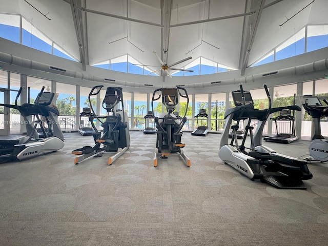 600 Three Islands Blvd Unit 620, Hallandale Beach, FL 33009 - gym with plenty of natural light, a towering ceiling, and carpet flooring