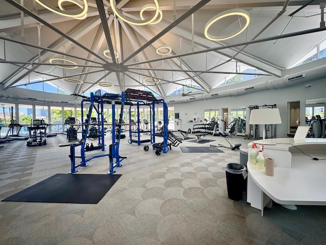 600 Three Islands Blvd Unit 620, Hallandale Beach, FL 33009 - exercise room featuring high vaulted ceiling and carpet