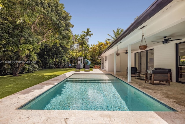 7921 SW 100th St, Miami, FL 33156 - outdoor pool with a ceiling fan, a patio area, a yard, and an outdoor hangout area