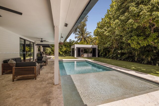 7921 SW 100th St, Miami, FL 33156 - outdoor pool with an outdoor living space, a ceiling fan, a yard, and a patio area