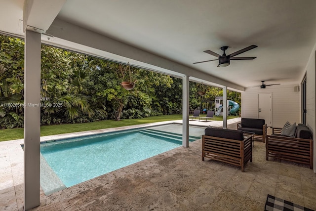 7921 SW 100th St, Miami, FL 33156 - swimming pool featuring outdoor lounge area, a patio, and ceiling fan