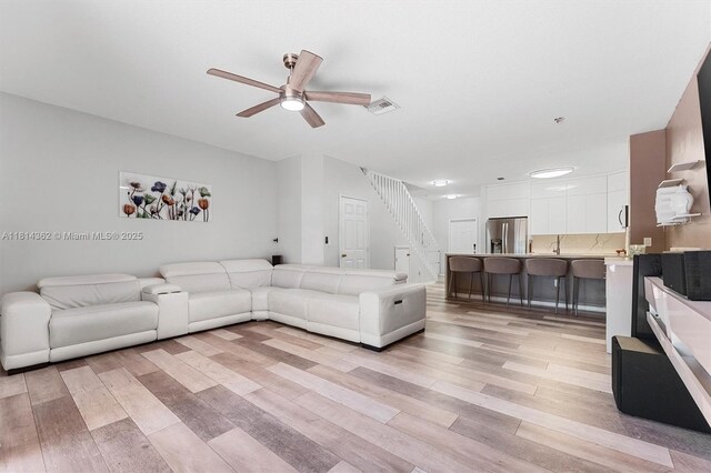 1114 NW 100th Ave, Pembroke Pines, FL 33024 - living room with light wood finished floors, ceiling fan, and stairway