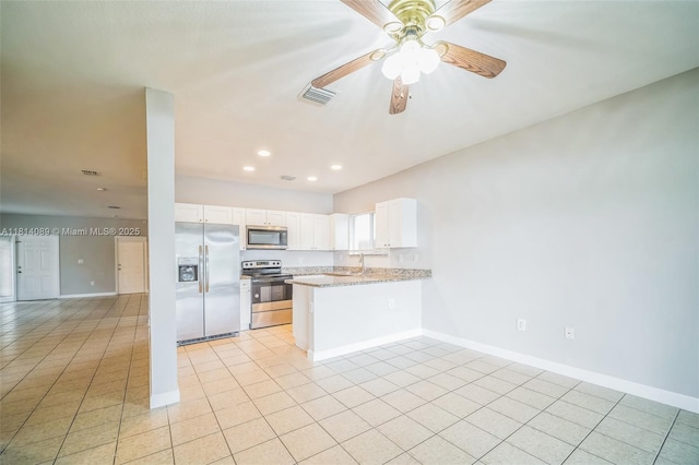 3223 SE 2nd Dr, Homestead, FL 33033 - kitchen featuring stainless steel appliances, ceiling fan, white cabinetry, a peninsula, and light tile patterned floors