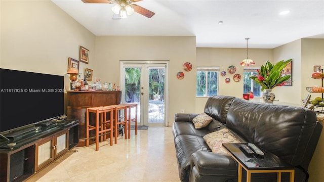 15575 SW 9th Ln, Miami, FL 33194 - living area with ceiling fan, french doors, and recessed lighting