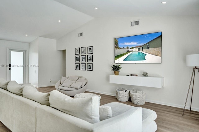 18998 Cloud Lake Cir, Boca Raton, FL 33496 - living area with lofted ceiling, wood finished floors, and recessed lighting