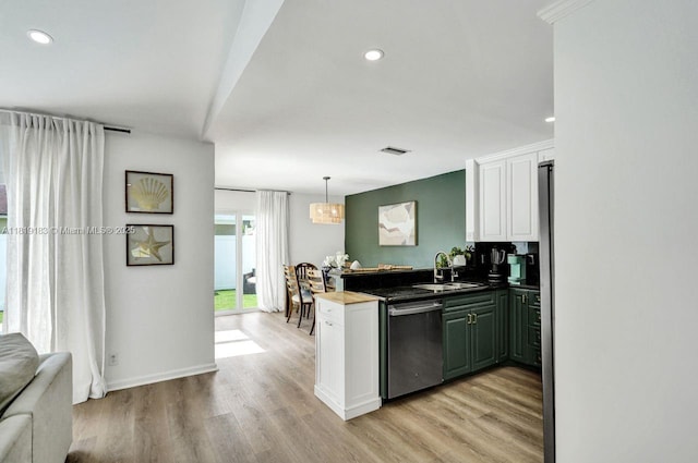 18998 Cloud Lake Cir, Boca Raton, FL 33496 - kitchen featuring dishwasher, a peninsula, white cabinets, light wood finished floors, and open floor plan