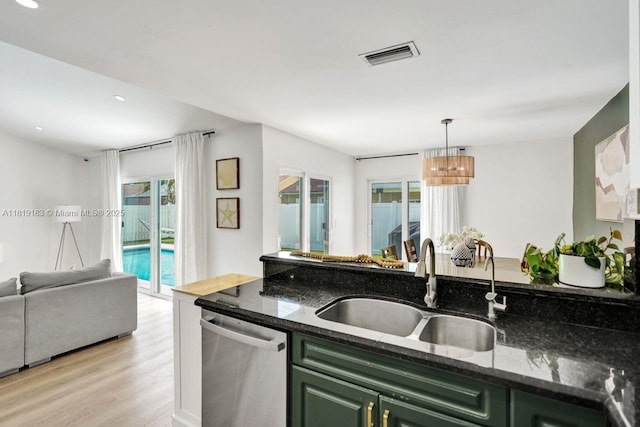 18998 Cloud Lake Cir, Boca Raton, FL 33496 - kitchen with dishwasher, green cabinets, light wood-type flooring, recessed lighting, and dark stone countertops