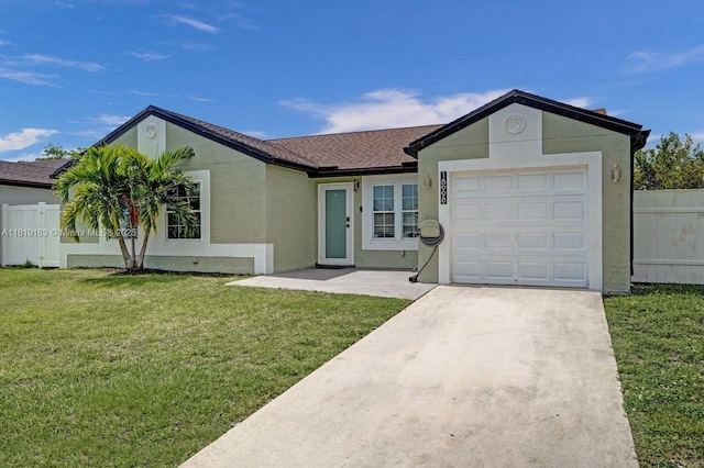 18998 Cloud Lake Cir, Boca Raton, FL 33496 - ranch-style house featuring an attached garage, stucco siding, driveway, and roof with shingles