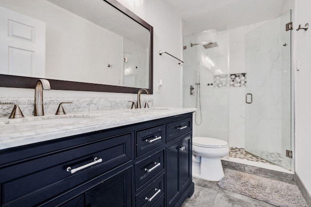 18998 Cloud Lake Cir, Boca Raton, FL 33496 - bathroom with double vanity, a marble finish shower, toilet, and marble finish flooring