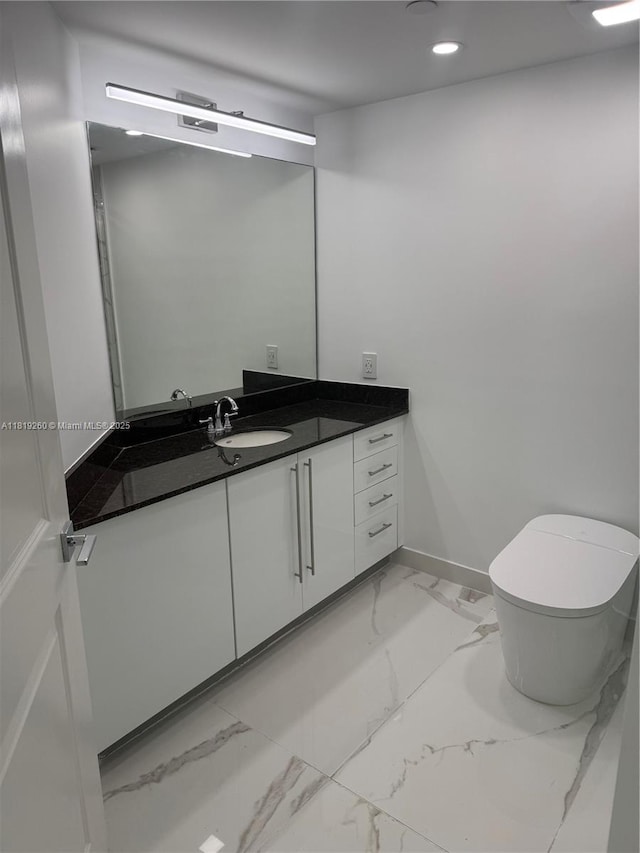 7350 SW 89th St Unit 2011S, Miami, FL 33156 - half bath with marble look tile flooring, vanity, and recessed lighting