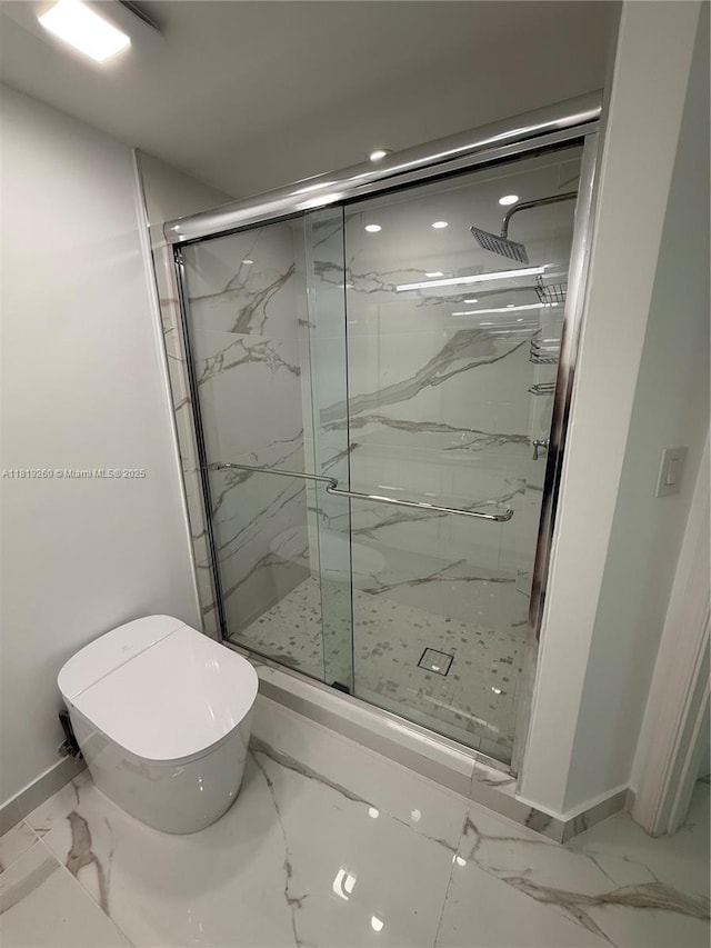 7350 SW 89th St Unit 2011S, Miami, FL 33156 - full bathroom with marble look tiles, a marble finish shower, and recessed lighting