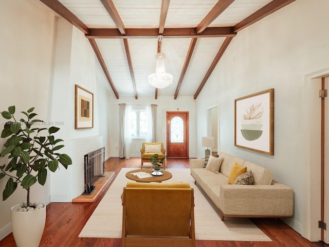 1036 Palermo Ave, Coral Gables, FL 33134 - living area with wood finished floors, beam ceiling, a fireplace with raised hearth, a chandelier, and high vaulted ceiling