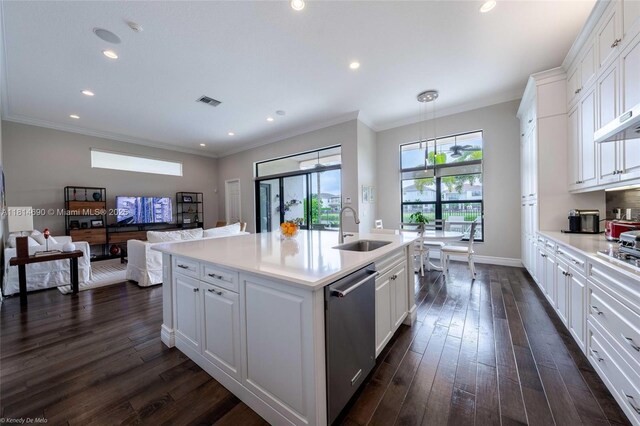 9368 Eden Roc Ct, Delray Beach, FL 33446 - kitchen featuring a sink, stainless steel dishwasher, white cabinets, light countertops, and ornamental molding
