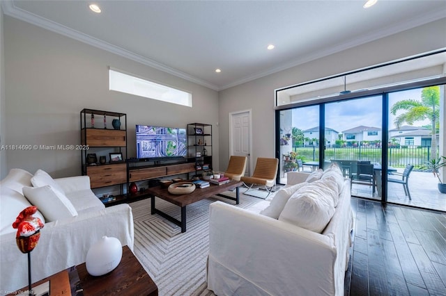 9368 Eden Roc Ct, Delray Beach, FL 33446 - living room featuring wood finished floors, crown molding, and recessed lighting