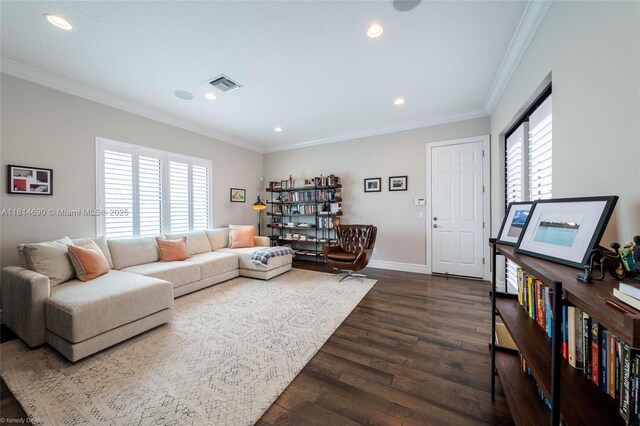 9368 Eden Roc Ct, Delray Beach, FL 33446 - living area with ornamental molding, recessed lighting, dark wood-style floors, and baseboards