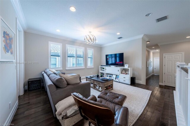 9368 Eden Roc Ct, Delray Beach, FL 33446 - living area with a chandelier, dark wood finished floors, baseboards, recessed lighting, and crown molding