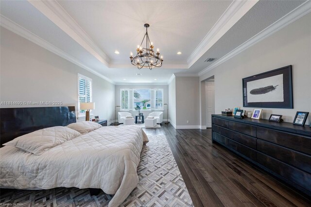 9368 Eden Roc Ct, Delray Beach, FL 33446 - bedroom with a chandelier, a raised ceiling, wood finished floors, baseboards, and recessed lighting