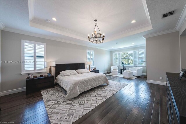 9368 Eden Roc Ct, Delray Beach, FL 33446 - bedroom with a raised ceiling, a chandelier, dark wood finished floors, baseboards, and crown molding