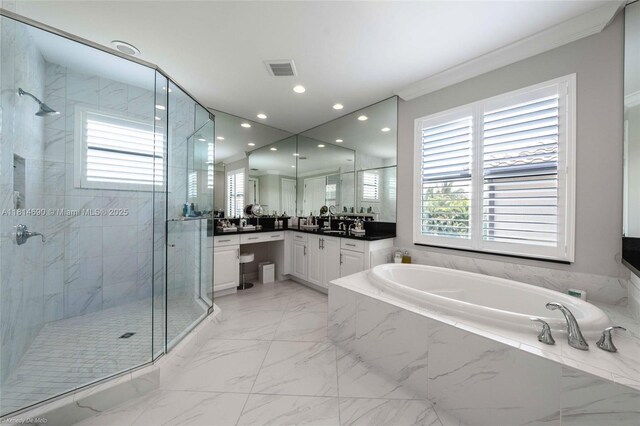 9368 Eden Roc Ct, Delray Beach, FL 33446 - full bathroom with a bath, a marble finish shower, vanity, crown molding, and recessed lighting