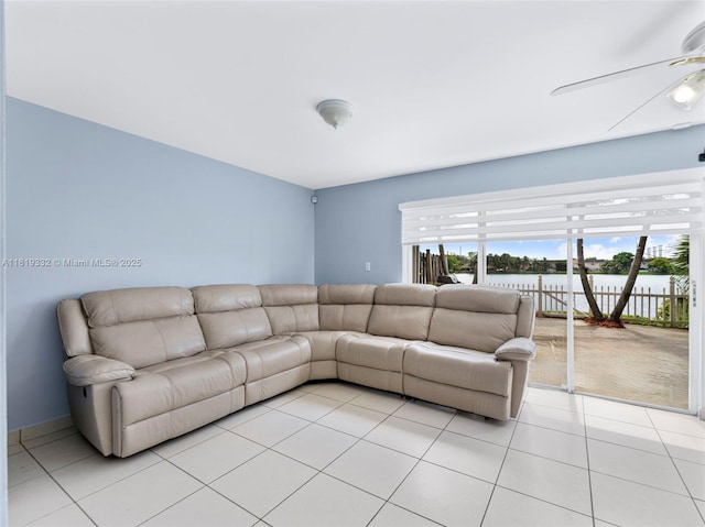 17337 SW 140th Ct, Miami, FL 33177 - living room with light tile patterned floors, a water view, and a ceiling fan